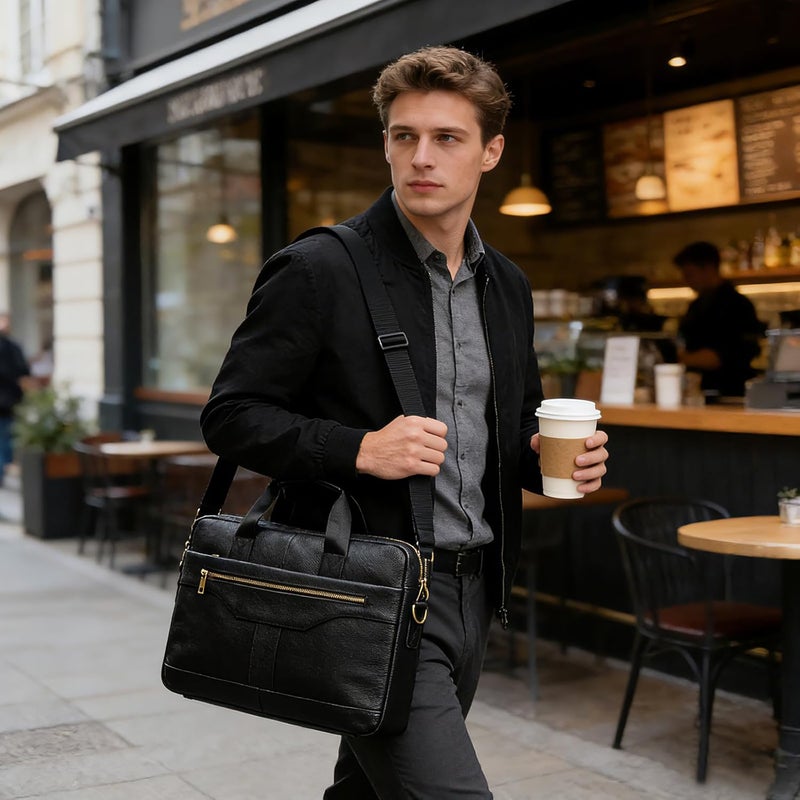 SAIION Genuine Leather Briefcase for Men, Laptop Computer Shoulder Bag With Strap, 15.6 Inch Business Travel Work Handbag - Image 4